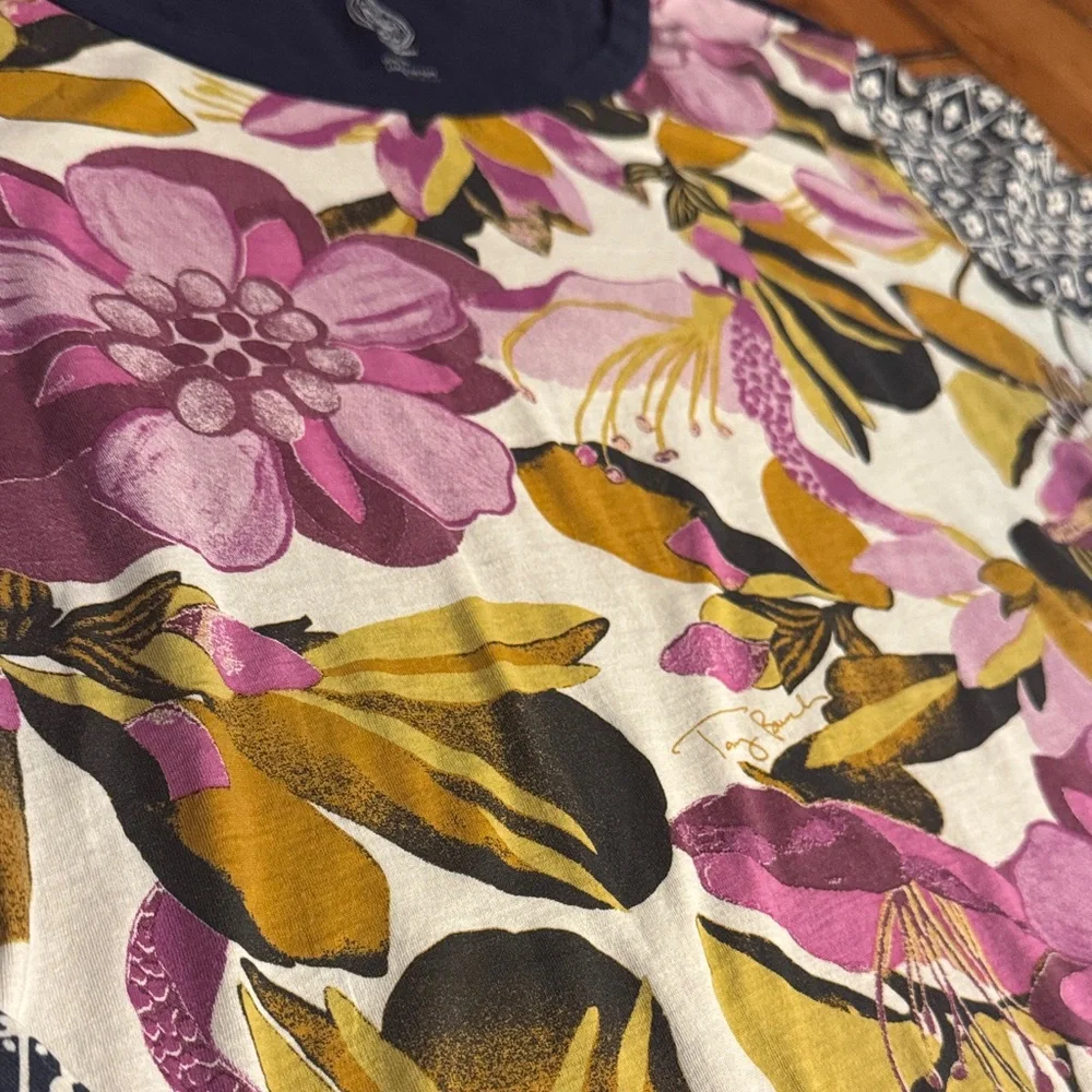 Tory Burch Floral Contrast-Sleeve Long Sleeve Tee in Pink, Yellow, Black - Picture 3 of 6